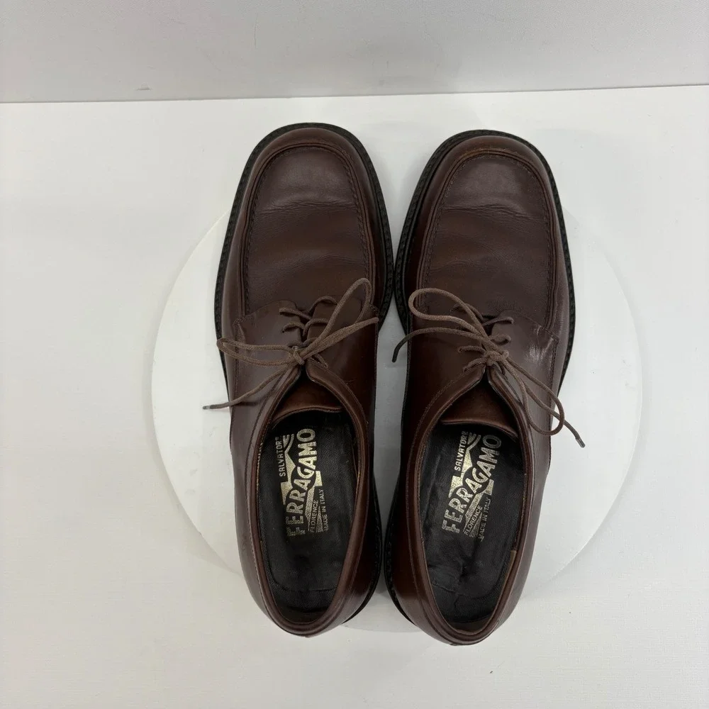 Salvatore Ferragamo Mens‎ Dark Brown Leather Square Toe Lace Up Dress Shoes